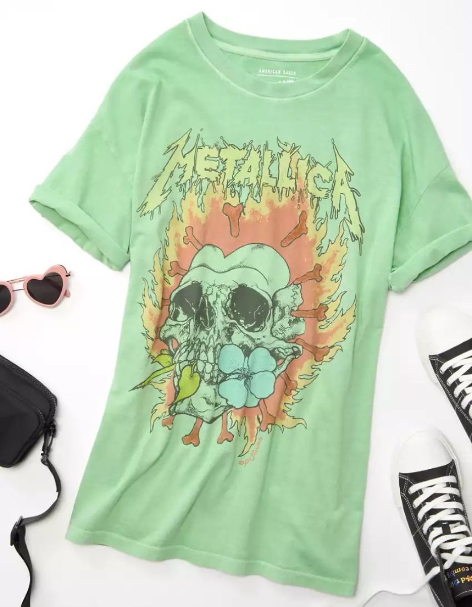 T Shirts American Eagle AE Oversized Metallica Graphique Tee Vert Femme | BUF-51880882